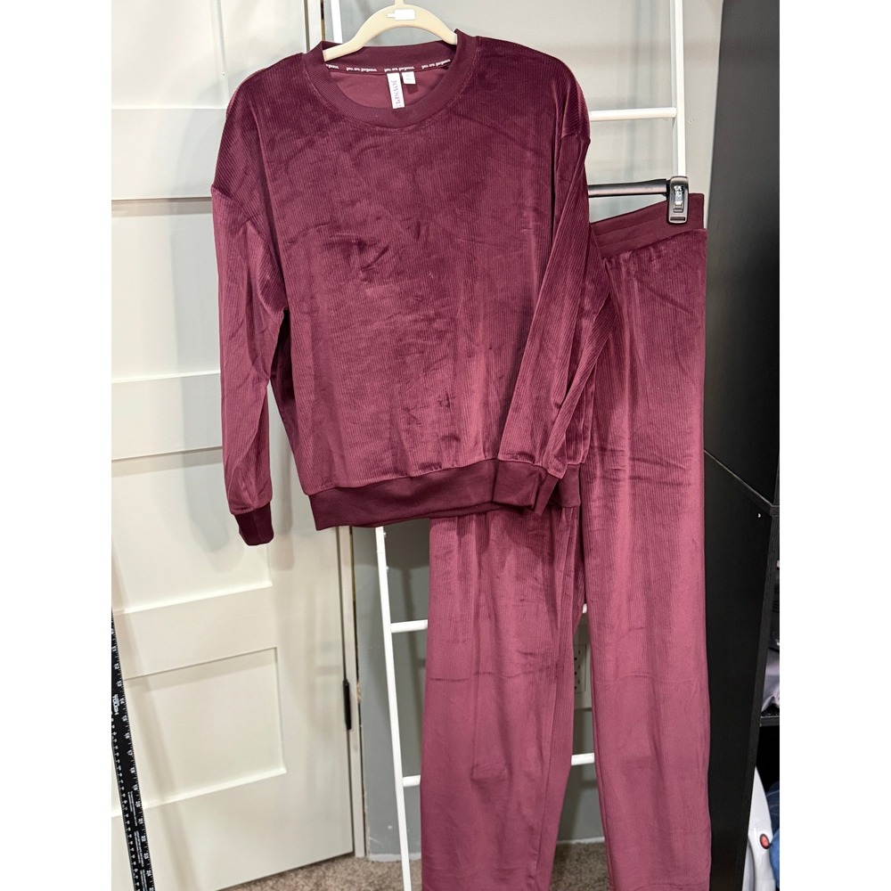 Joyspun Burgundy Ribbed Velour Lounge Set Top and Pants Medium 8-10 Y2K Revival